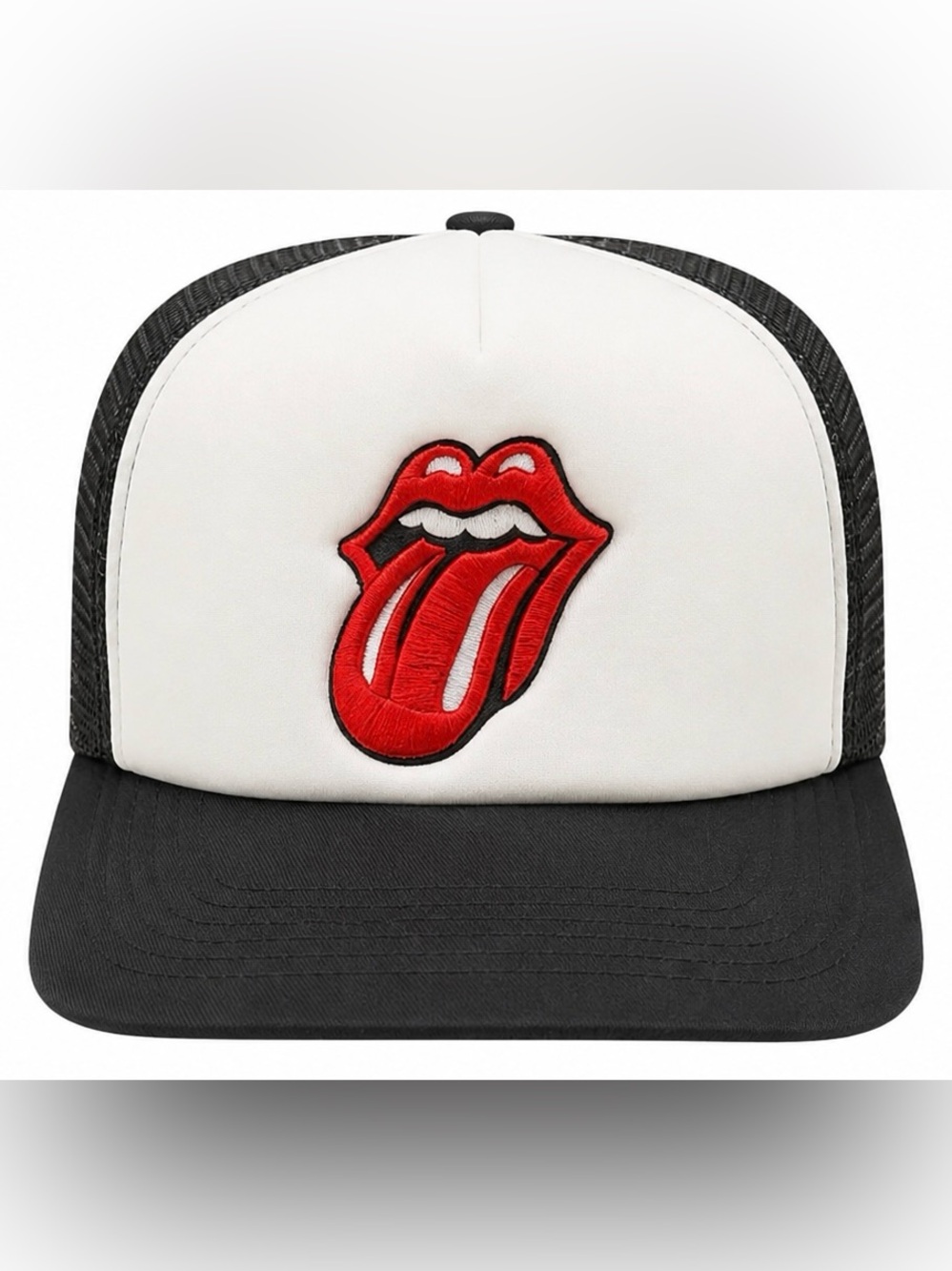 the Rolling Stones Black and White Trucker Hat with Red Tongue Logo